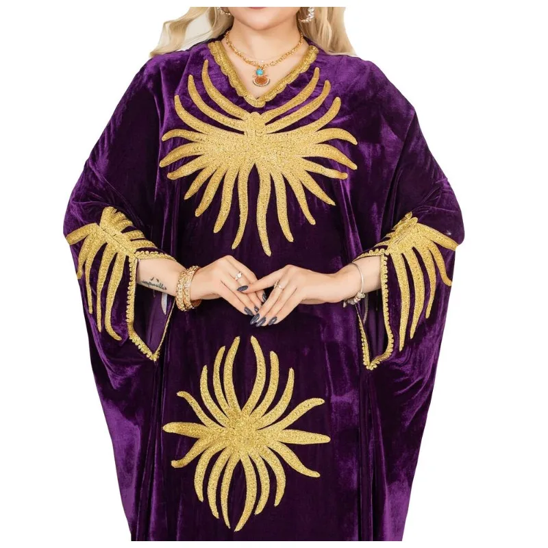 Purple Velvet Fabric Morocco Dubai Long Shirt Abaya Embroidery Work Long Dress Fashion Trend