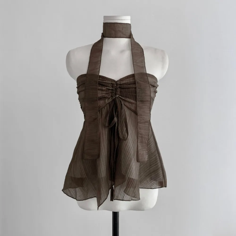 

KUSAHIKI Mesh Splicing Drawstring Tie Strapless Short Top for Women with Ribbons