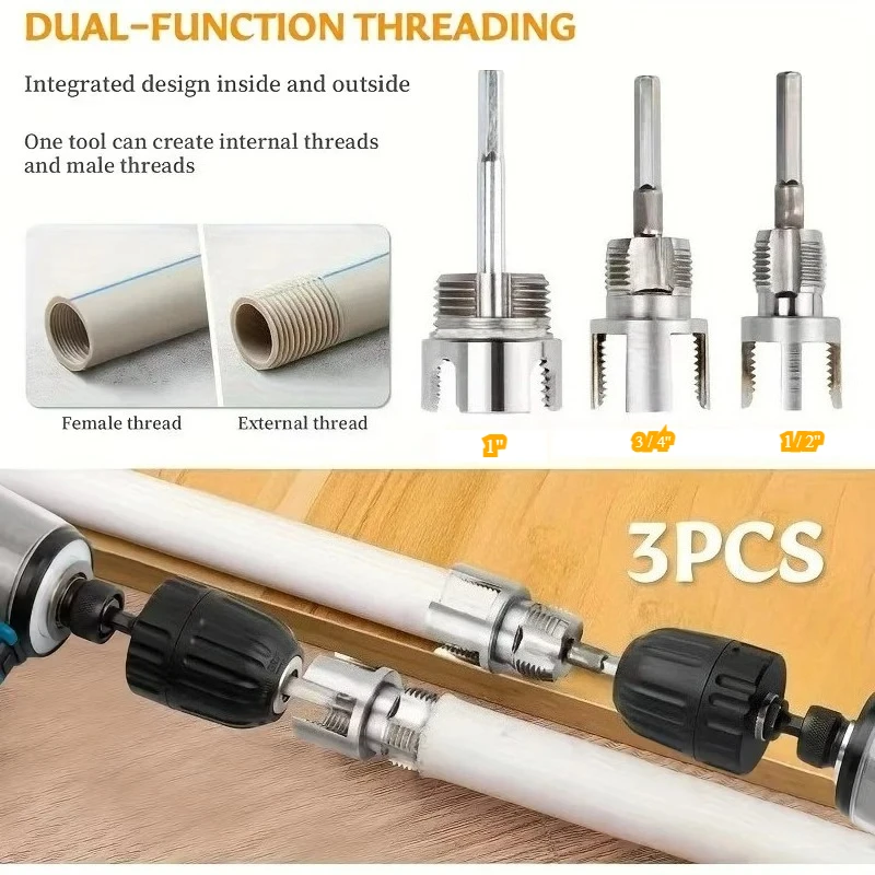 3Pcs Carbon Steel Heavy-Duty PVC/Plastic Pipe Threading Tool Kit with 1/2