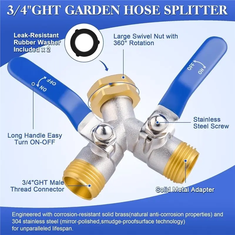 [A93Z!】 Garden Hose Splitters 2 Way, Y Splitter, Brass Water Hose Hose Splitter, Rv Double Hose Connector, 3/4 Inch GHT Thread