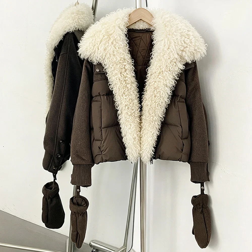 OFTBUY Luxuriöse Abnehmbare Handschuhe Natürlicher Pelz Entendaunen-Mantel Großer Echter Lammwoll-Pelzkragen Daunenjacke Damen Neue Winterkleidung – Detail 10
