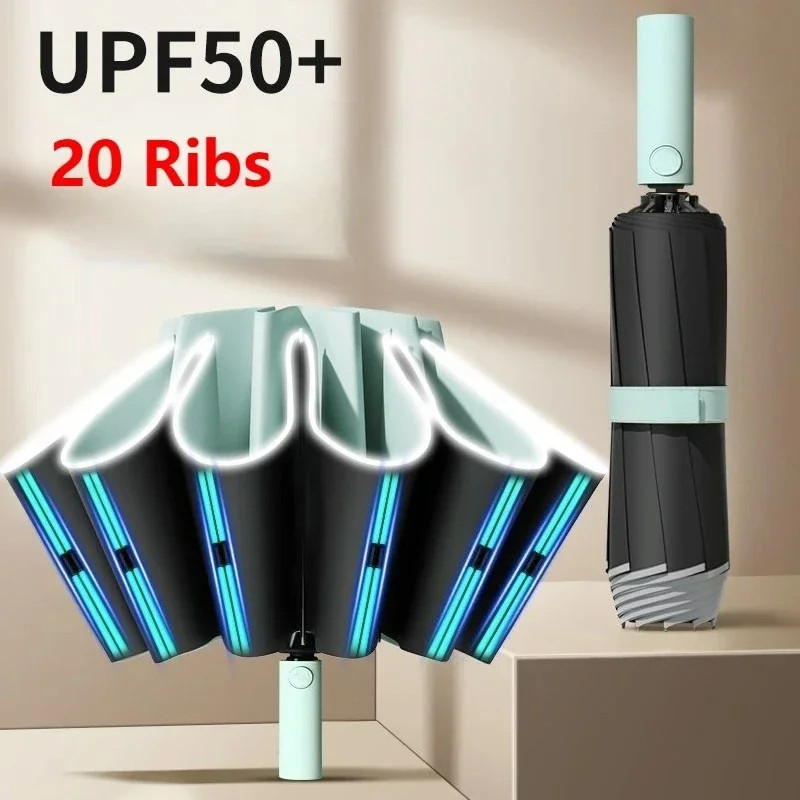 20 Bones Men Women Umbrella Fully Automatic Reverse Folding Umbrella with Windproof Reflective Stripe UV Umbrellas