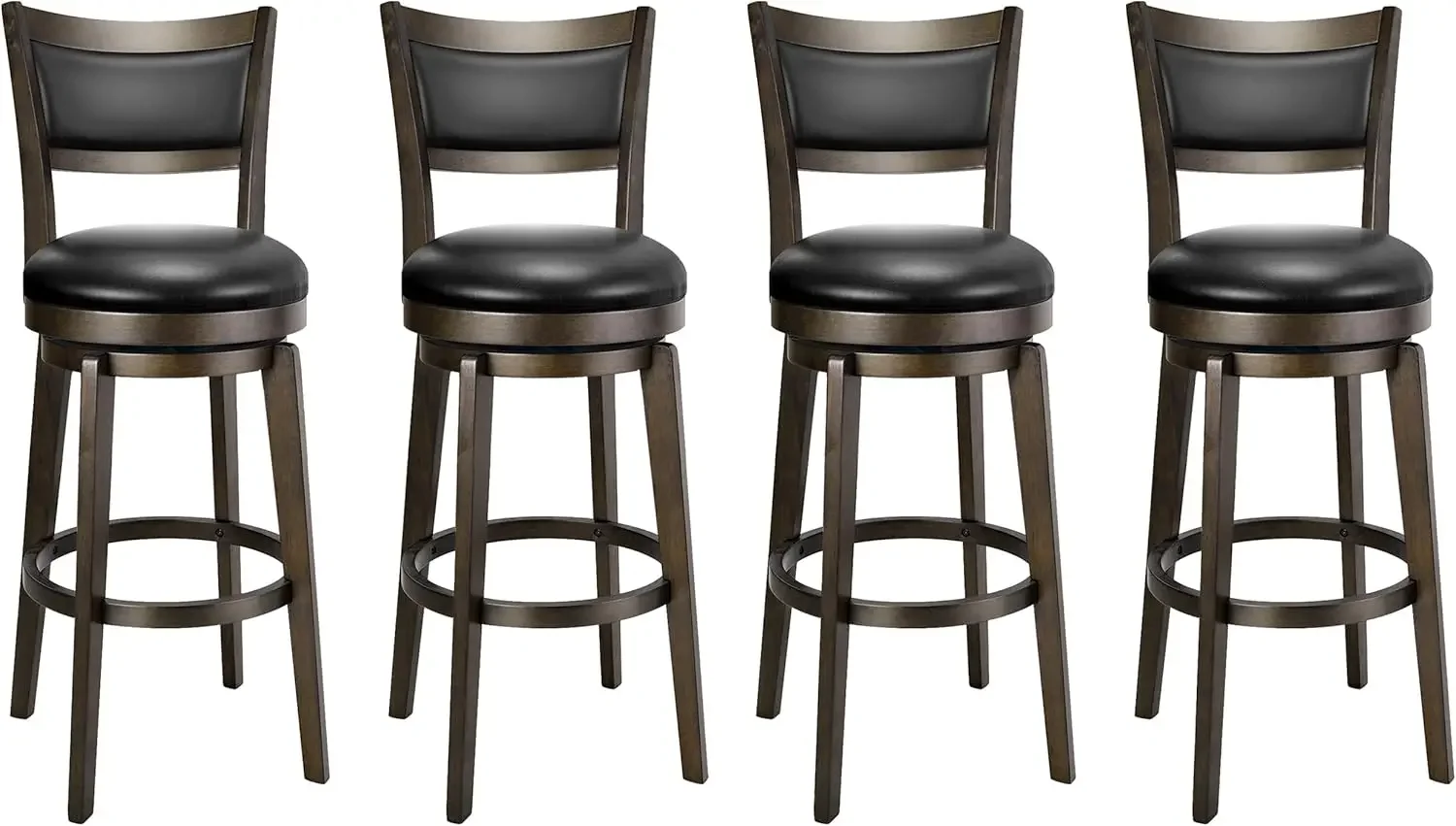 Black Faux Leather Bar Stool with High Backrest & Solid Wood Legs & Wrap-Around Footrest, Counter Stools for Kitchen Island, Pub