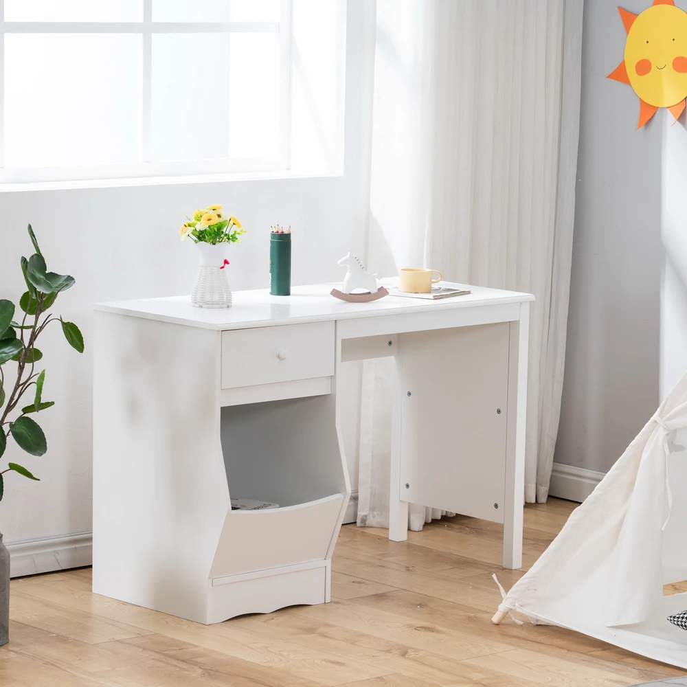 Painted Simple Student Learning Table Kids Study Desk White with Drawers and Storage Function 108x49x73.5CM[US-Stock]