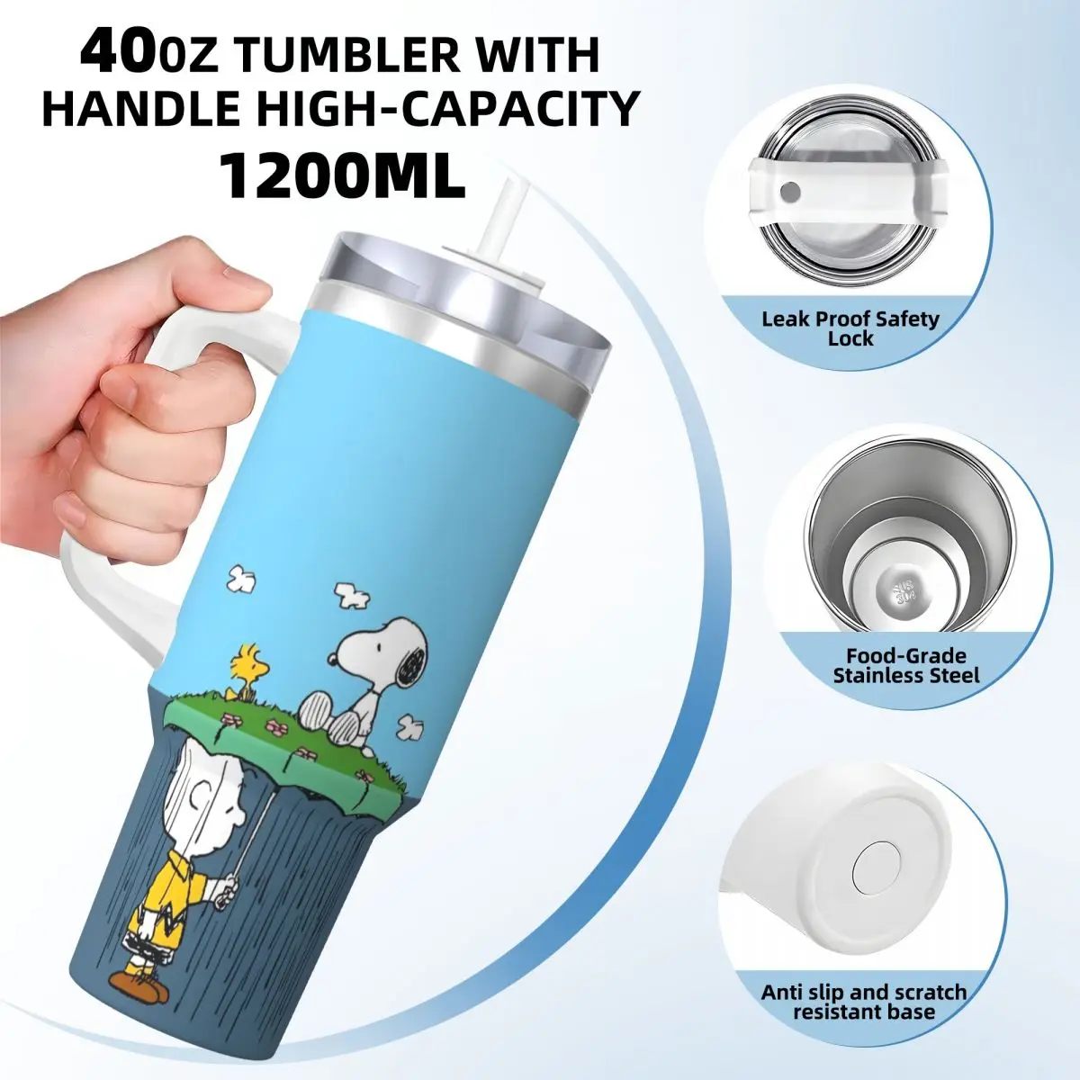 Cute Snoopy Cartoon Stainless Steel Tumbler Travel Thermal Mug With Straws and Lid Large Capacity Car Mugs Drink Water Bottle