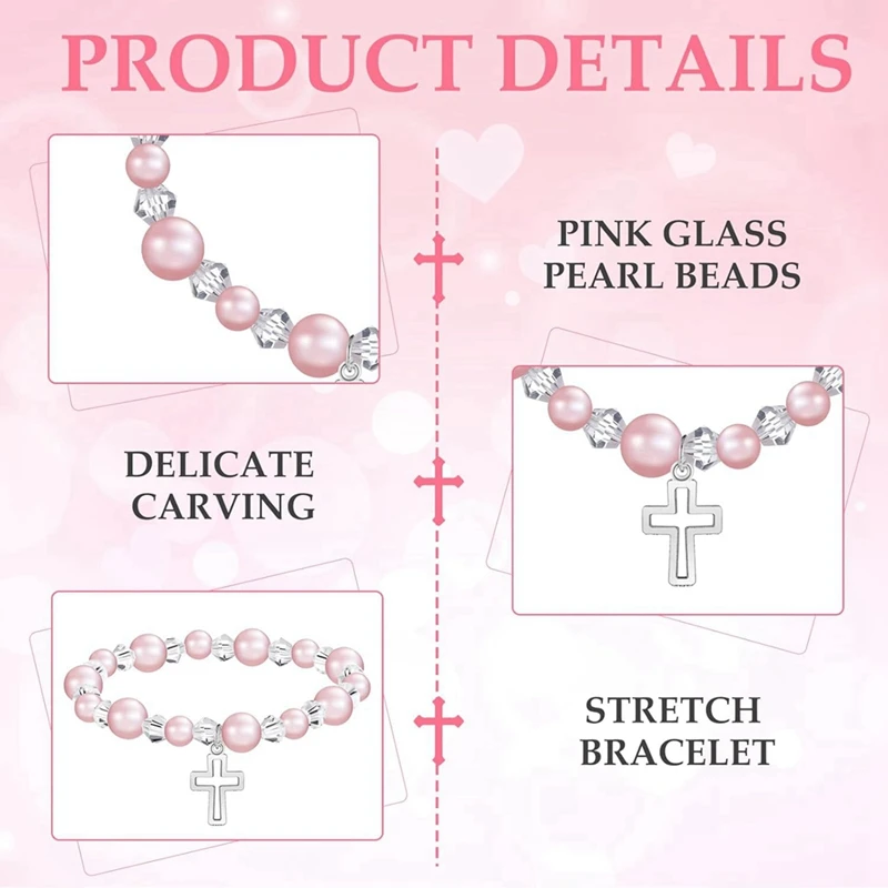 60 Pcs Baptism Favors For Girls Include 30 Pink Pearl Bracelets With Crucifix 30 Organza Bags Stretch Rosary Bracelets