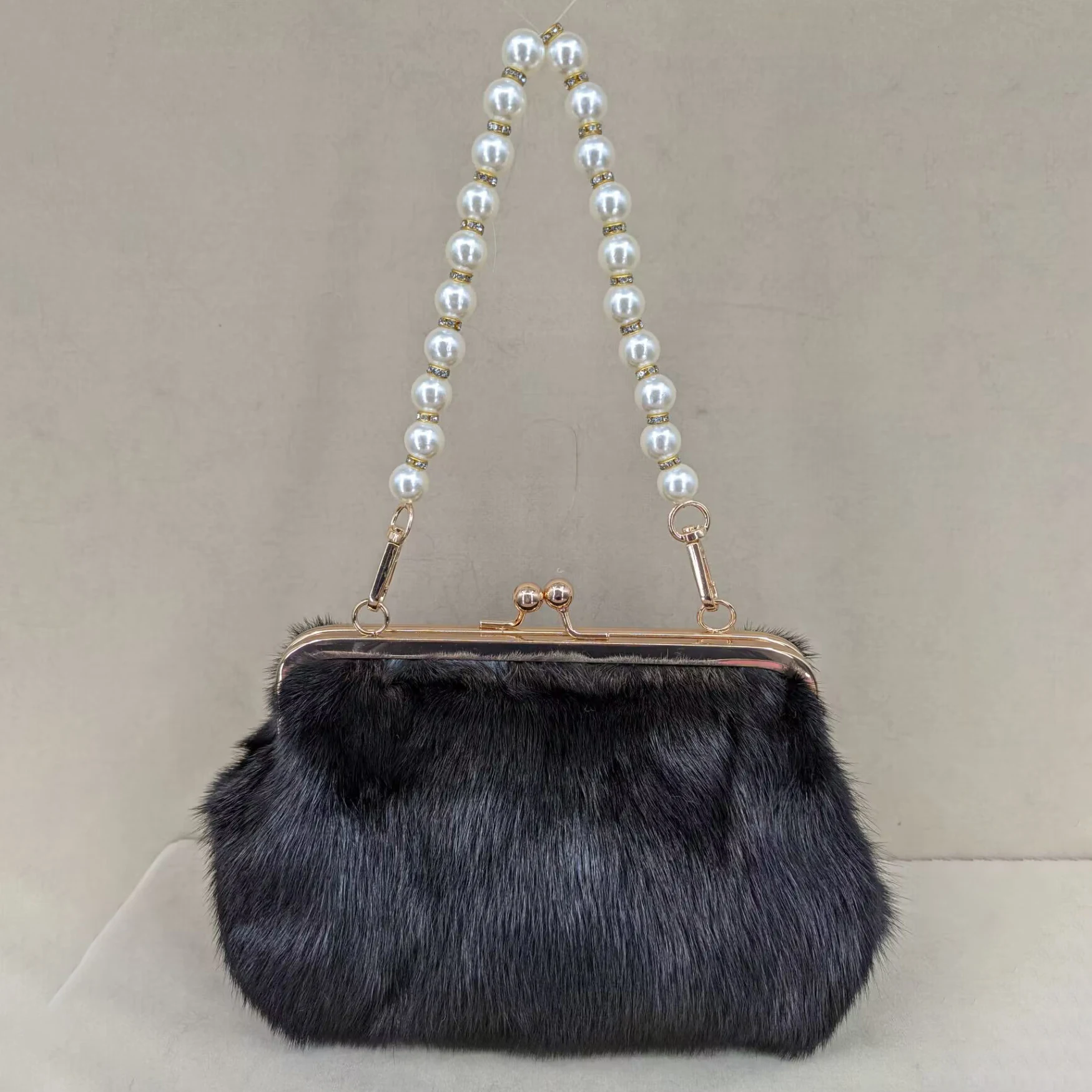 Natural Mink Fur Pearl Handbag, Multicolor, Rainbow Color, Furry, Luxurious, Party, Wedding Purse, Gray, B230628, Winter, 2023