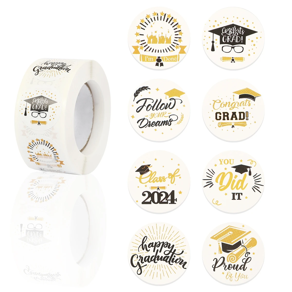 500pcs White Gold Graduation Stickers，Graduation Party Letter Graphic Gift Decal，8 Different Pattern Graduation Season Round Adh