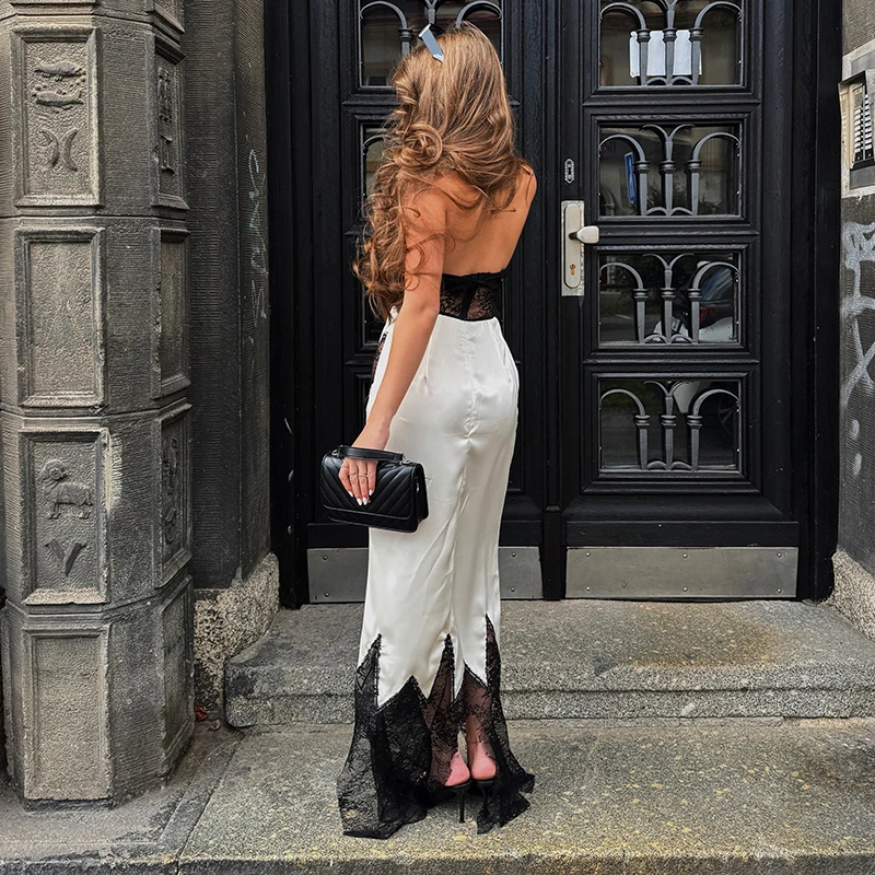 Rückenfreies Neckholder-Maxikleid aus Spitze, sexy, halbtransparent, mit hohem Seitenschlitz, ärmellos, Midi-Kleider, elegante Abend- und Ballkleider für Damen – Detail 7