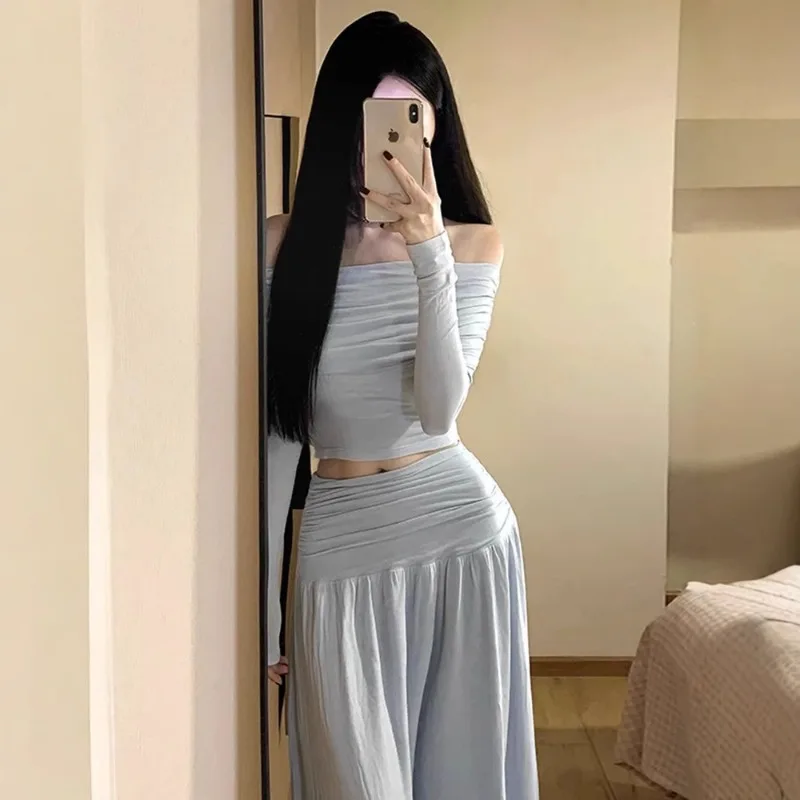 Korean Suit Spring One-word Shoulder Long-sleeved Slim-fitting High-waisted Skirt Two-piece Set