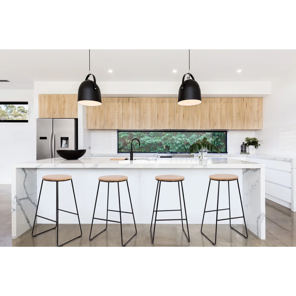 Backless Stool with Black Metal Base Natural Rubberwood Seat Comfortable Footrest Stackable Design Ideal Kitchen Dining Bar Game