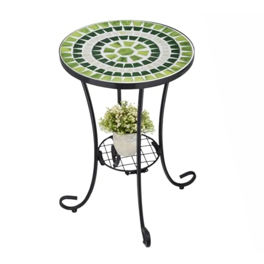 

Outdoor side table for patio, garden, balcony, porch, or beach use; metal frame with mosaic tile top; multicolor design; lightw