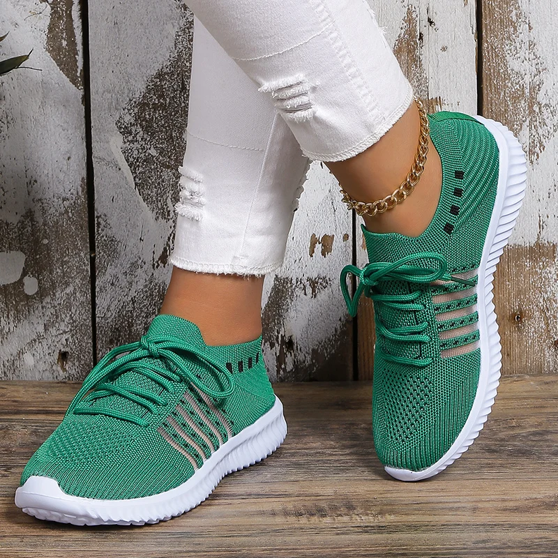 Lightweight Breathable Running Shoes for Women Non Slip Knitted Green Sneakers Woman Soft Sole Slip On Casual Flats Plus Size 43