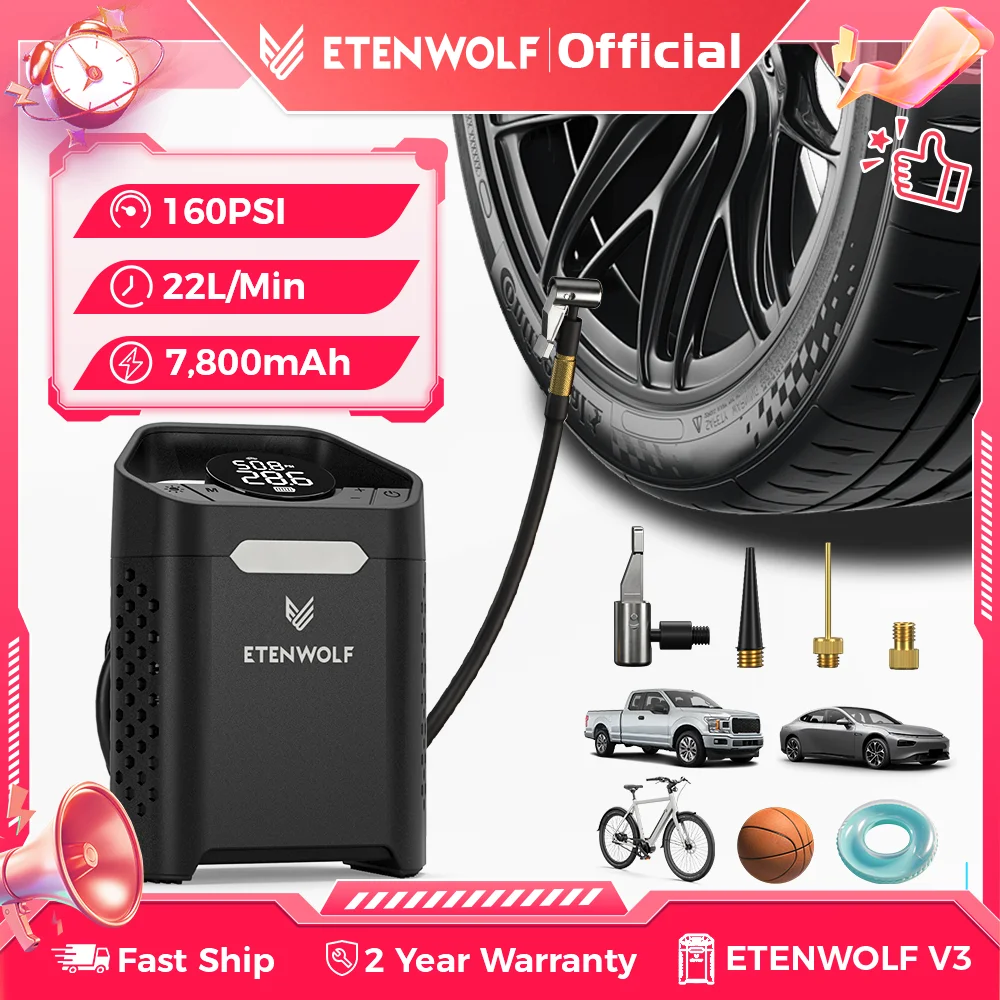 

New ETENWOLF V3 Portable Tire Inflator Pump 160 PSI Car Compressor 100% Duty Cycle 7800mAh Air pump For Cars Motorcycles Bicycle