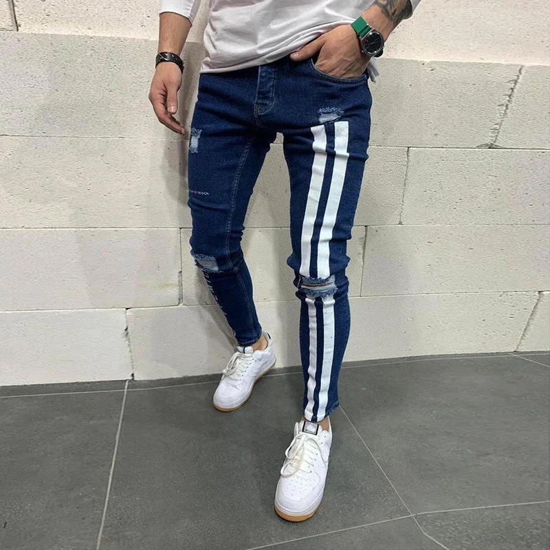 Men\'s Stretch Jeans Knee Holes Fashion Tight Small Foot Pants Large Size S-XXXL Spring And Autumn Leisure Sports Denim Pants