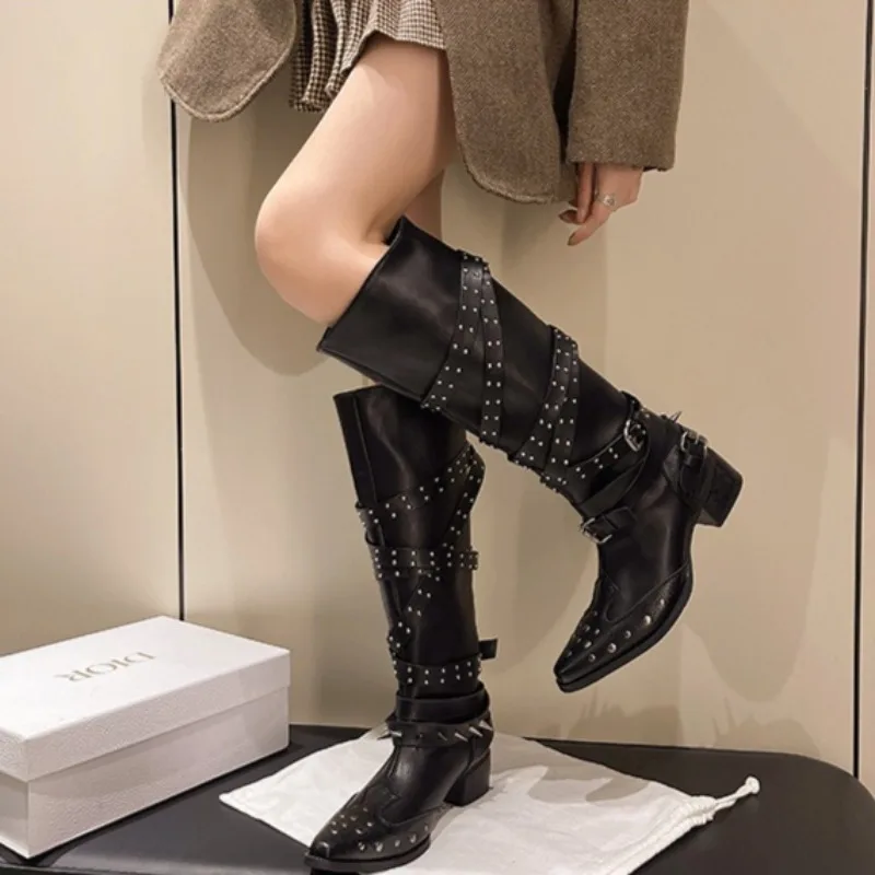 Women's Knee-high Boots Punk Style Long Boots Fashion Pointed Toe Leather Boots for Women Western Cowboy Boot Rivet Knight Botas