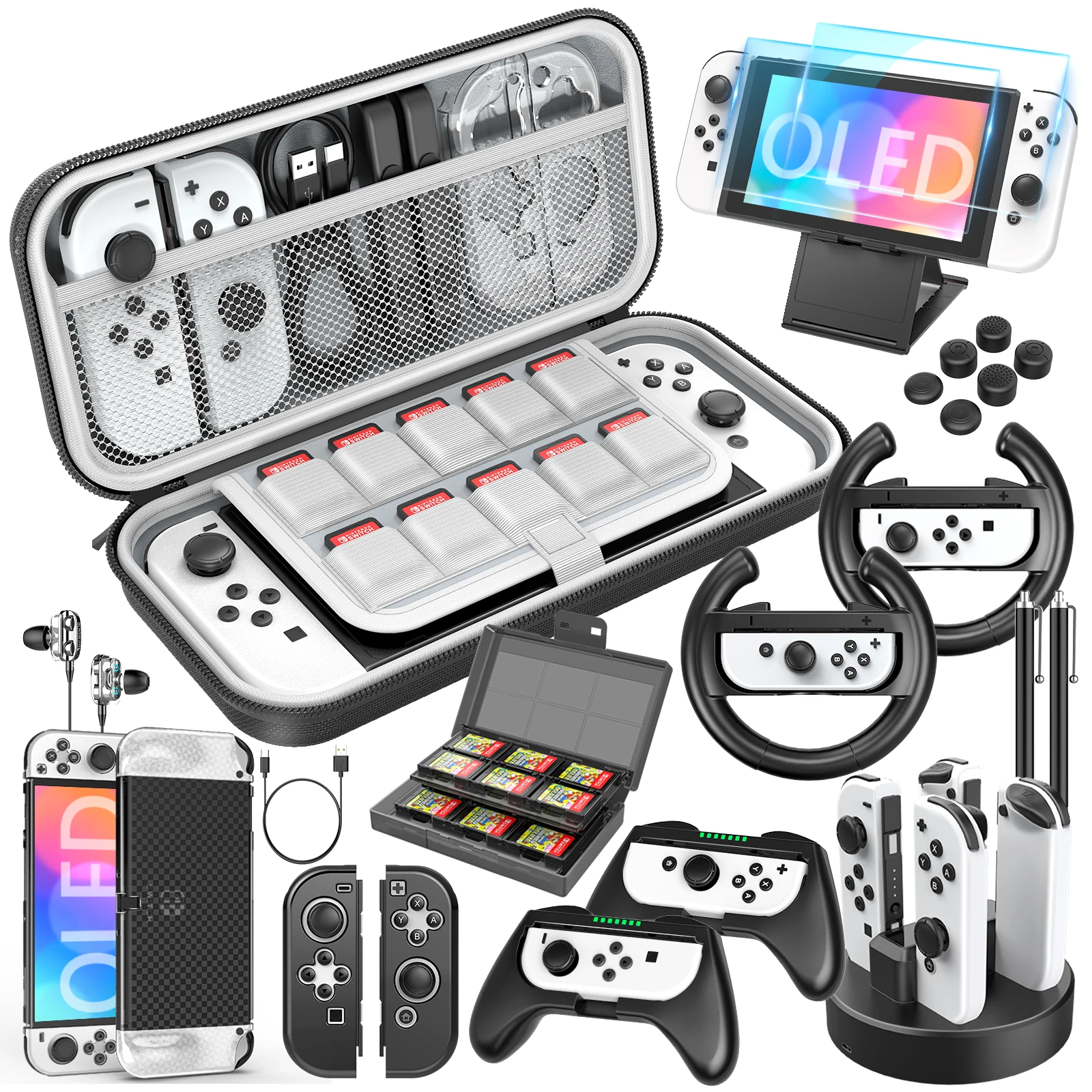 HEYSTOP Switch OLED Accessories Bundle Compatible with 2021 Switch OLED Model, 25 in 1Accessories Gift Kit with Carrying Case