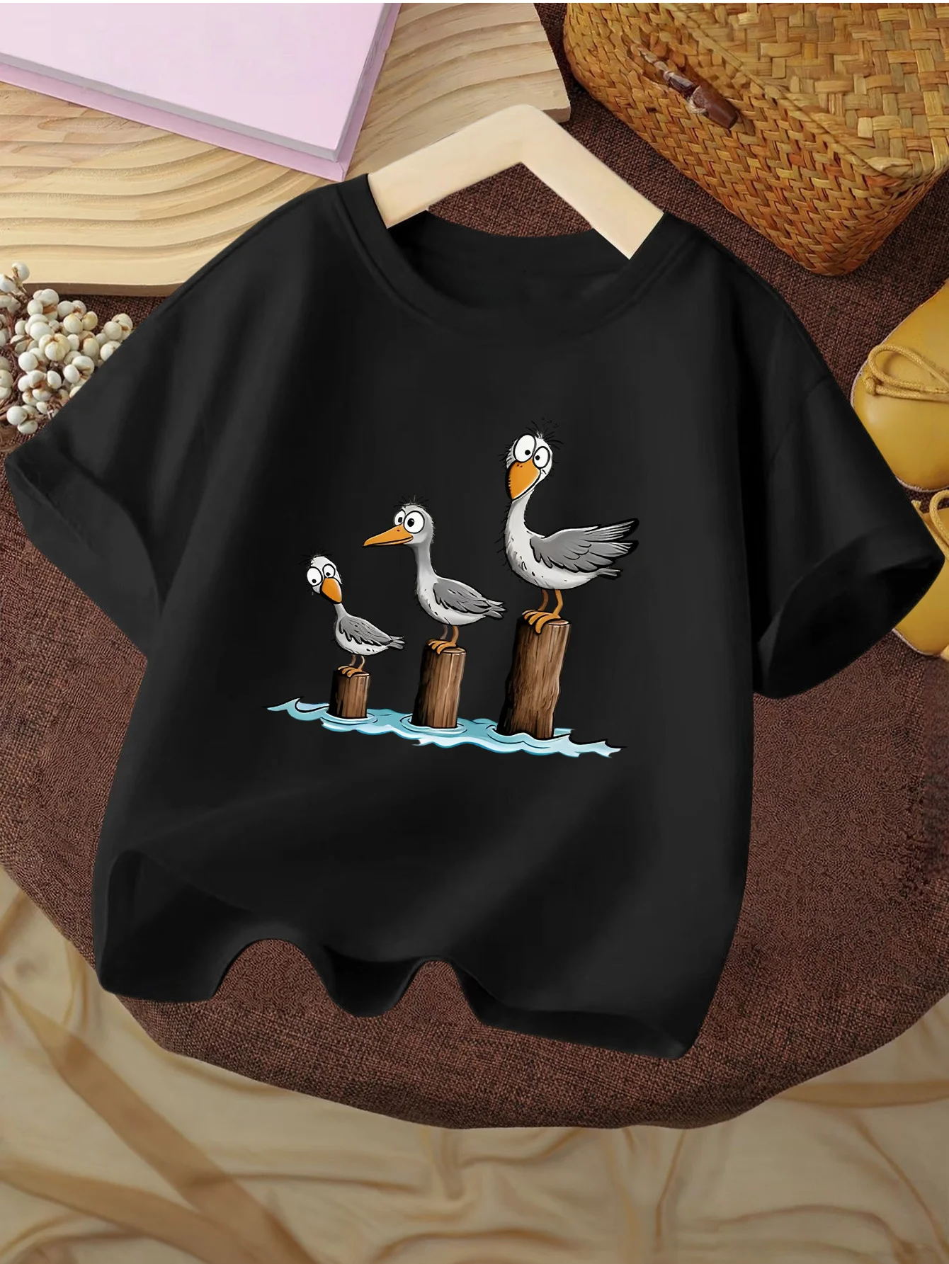 Kids Tee Funny Gray Seagulls On Pilings Lovely Ocean Bird Cartoon Pattern Print Short Sleeve Cotton Children Casual Wear