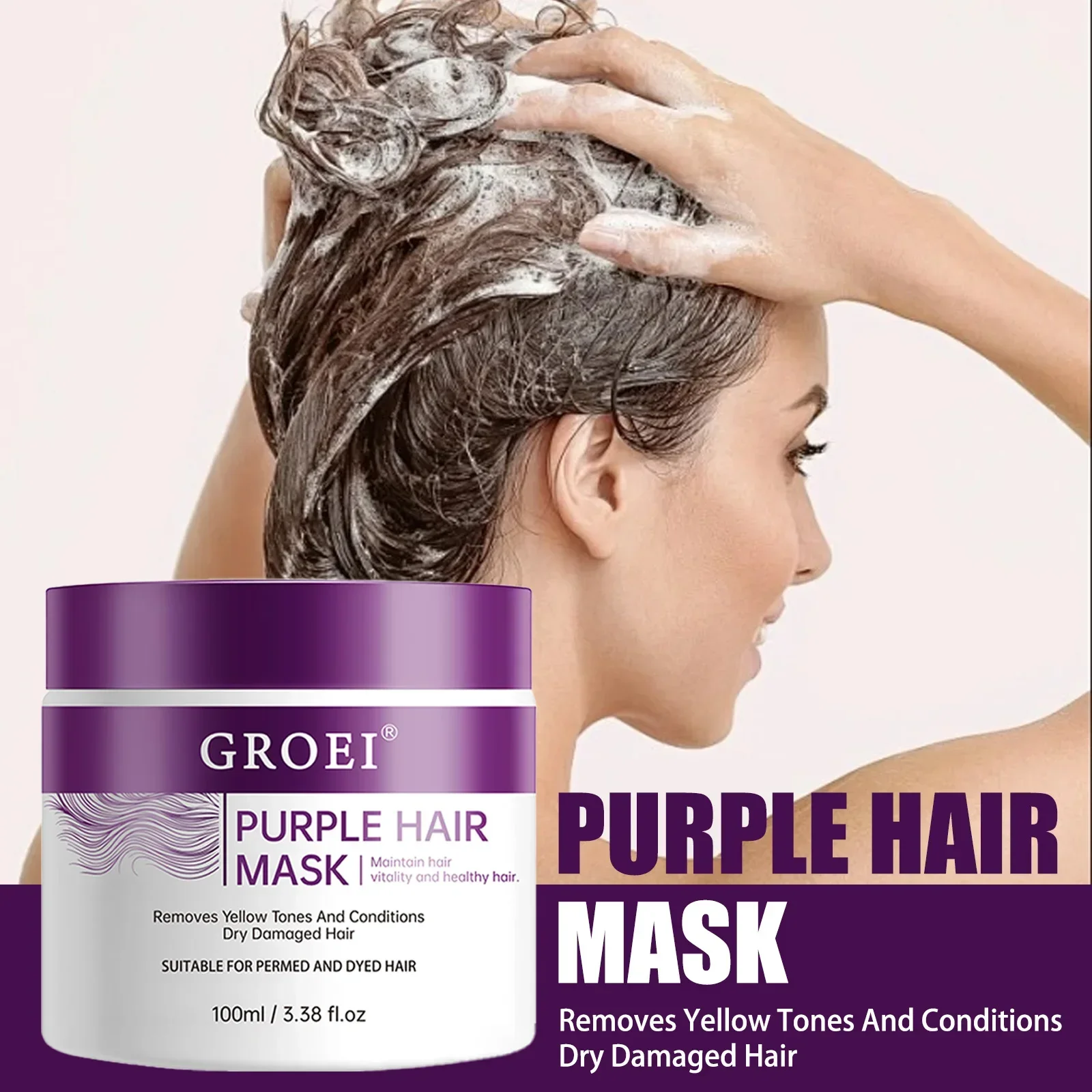 GROEI Purple Hair Mask 100ml Toning Treatment for Blonde Gray Hair Anti-Yellow Conditions Dry Damaged Hair for Permed Dyed Hair