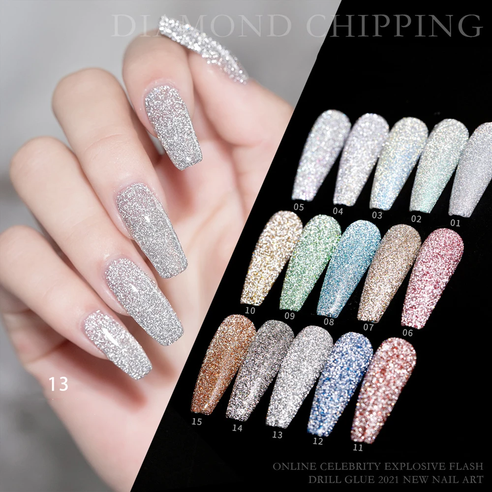 Vendeeni - Juego de 15 colores de esmalte de uñas en gel con purpurina y diamantes rotos para fiestas, esmalte de uñas con efecto discoteca, barniz brillante para decoración de uñas