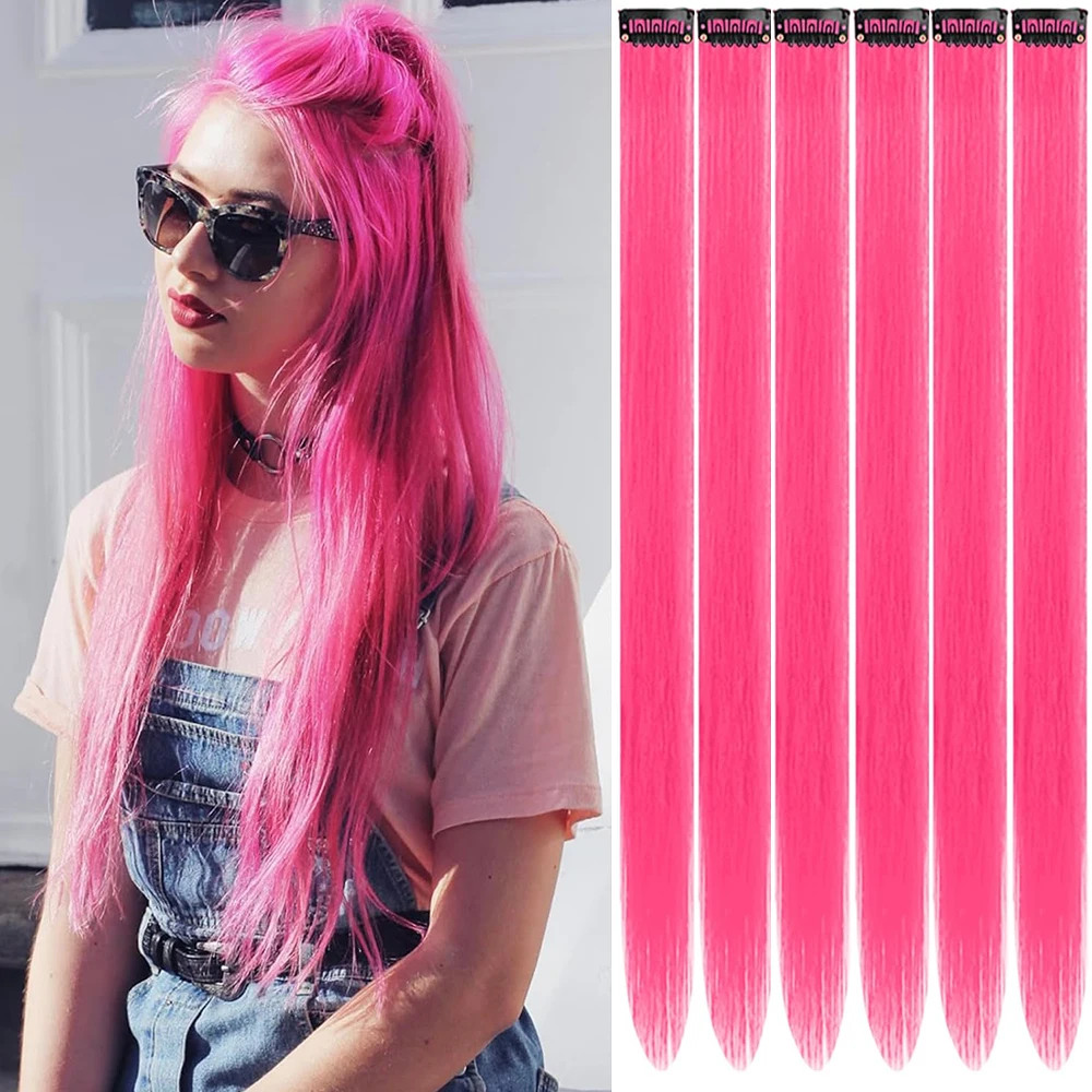 6 قطع من وصلات الشعر باللون الأحمر الوردي، وصلات ملونة للحفلات للأطفال والبنات قطعة شعر صناعية مستقيمة 22 بوصة