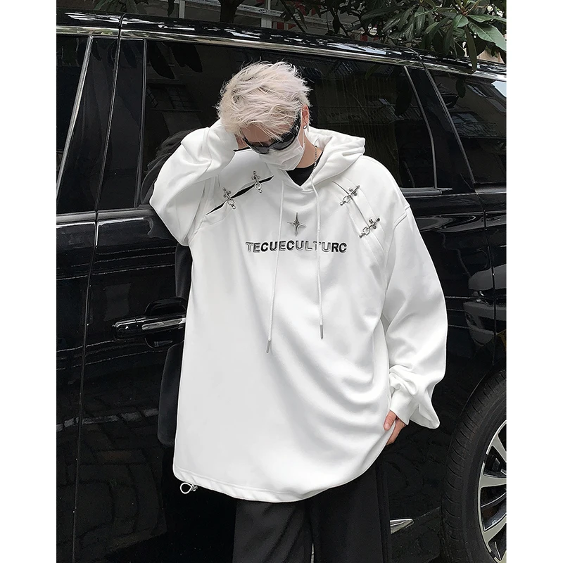 

Мужская осенняя толстовка-свитшот из плотной ткани в американском стиле с металлическим дизайном, нашивками на плечах и принтом самолета, модная молодежная модель