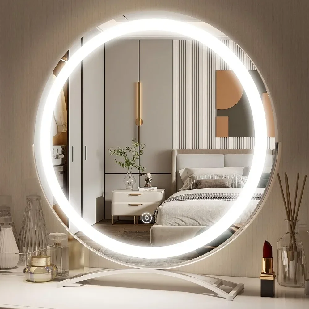 

%a 18 Inch Vanity Mirror with Lights, LED Mirror Makeup Mirror with Lights for Bedroom Tabletop, Touch Control 3 Colors Dimmab