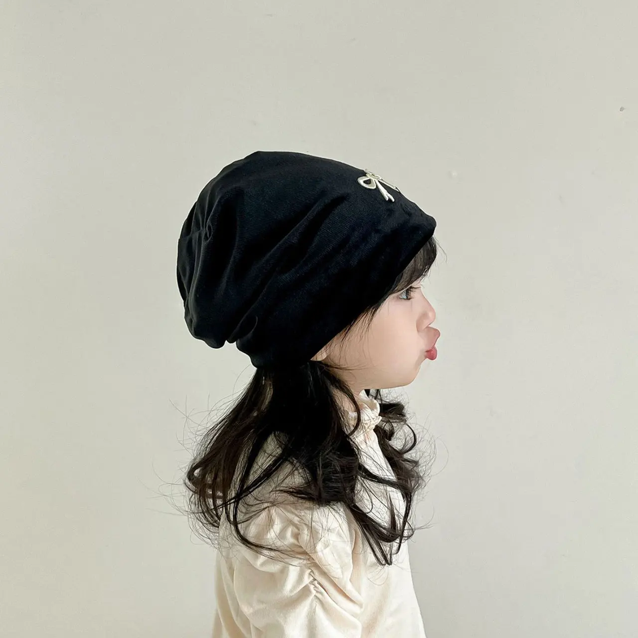 แฟชั่นเด็ก Pile หมวกสาวญี่ปุ่นโบว์หมวกฤดูใบไม้ผลิฤดูใบไม้ร่วงเด็ก Skullcaps สีทึบเด็กยืดหยุ่น Bonnet 2-8Year