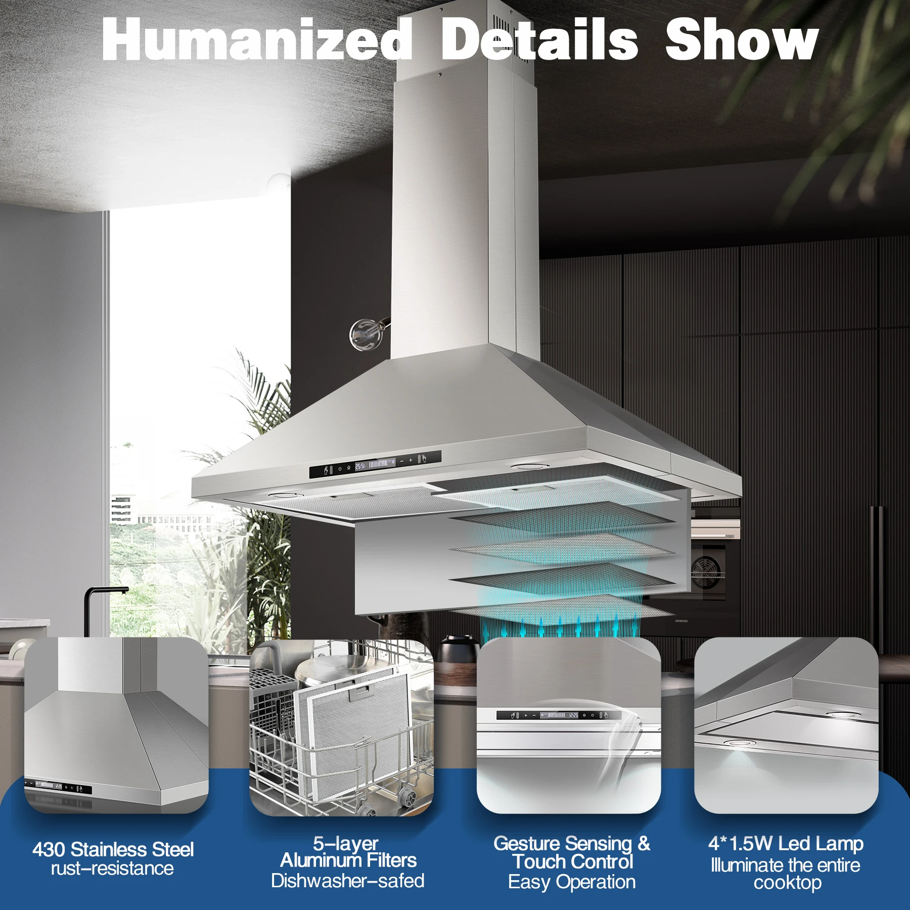36" 700CFM Stainless Steel w/Gesture Control & LED Lights Island Range Hood