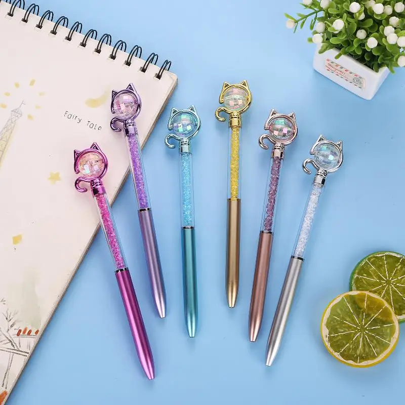 2Pcs Creative Shining Rhinestone Pen Cartoon Cat Rhinestone Pen Cute Stationery Student Office Supplies Gift Prize