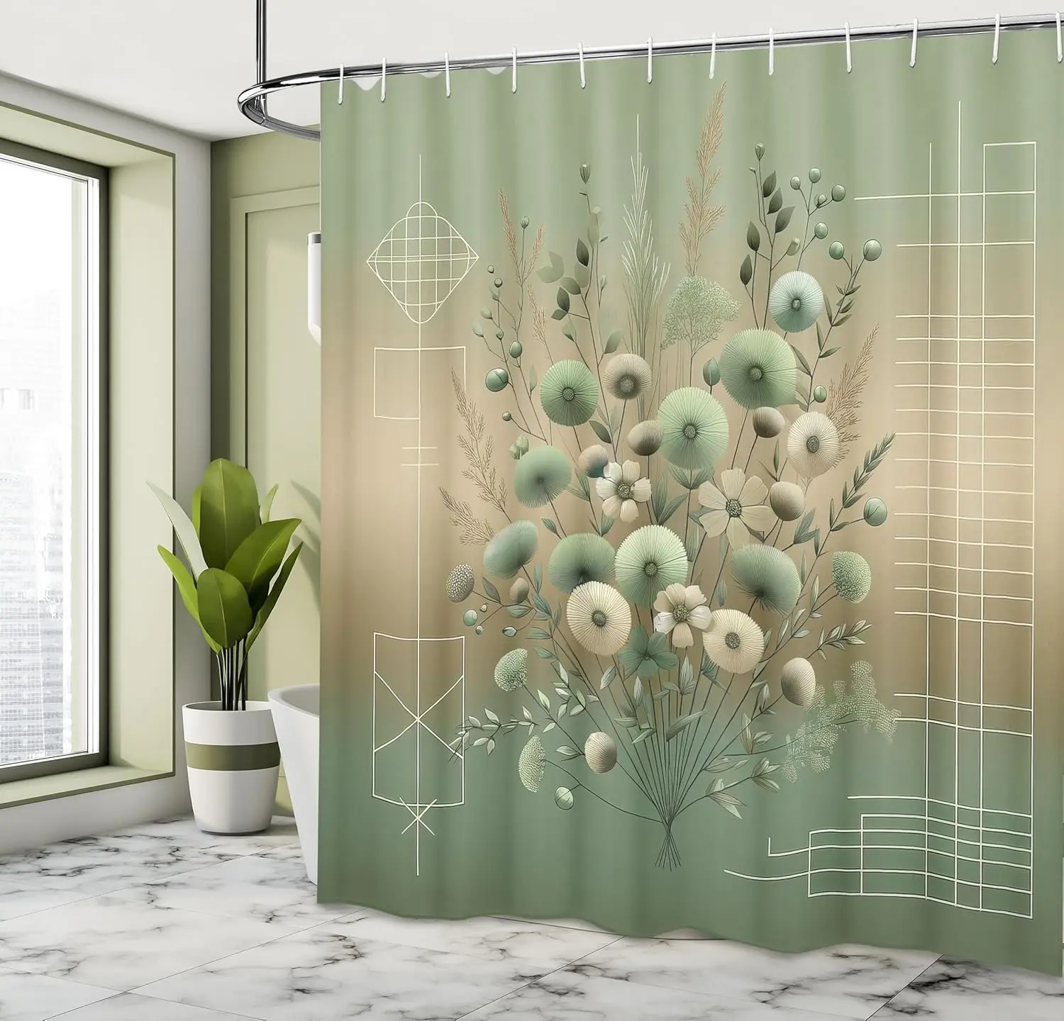 

Занавеска для душа Sage Green, современная японская цветочная занавеска с геометрическими линиями на спине с размытым эффектом, тканевая ванна