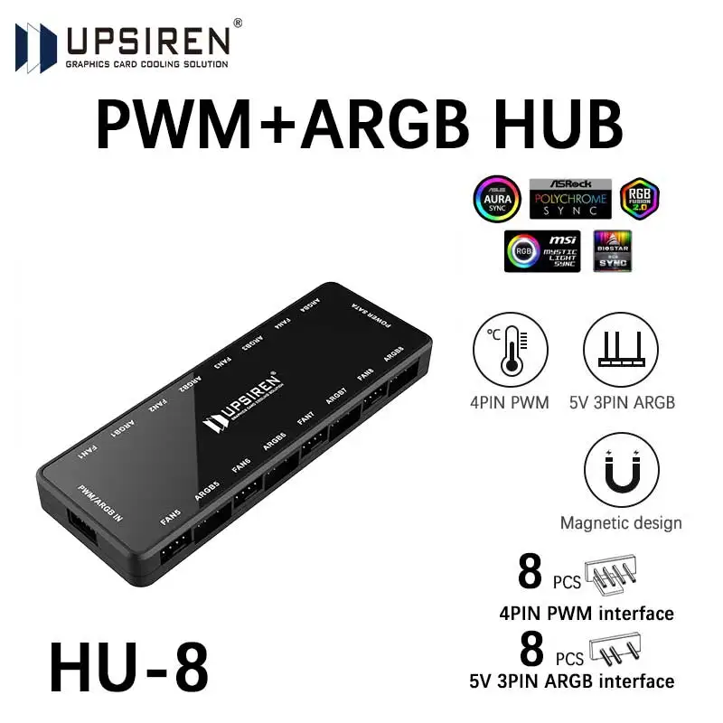 UPSIREN HU-8 Black Fan Hub ARGB Divine Light Synchronization PWM Magnetic Two-In-One 3PIN Lighting 4PIN Temperature Control