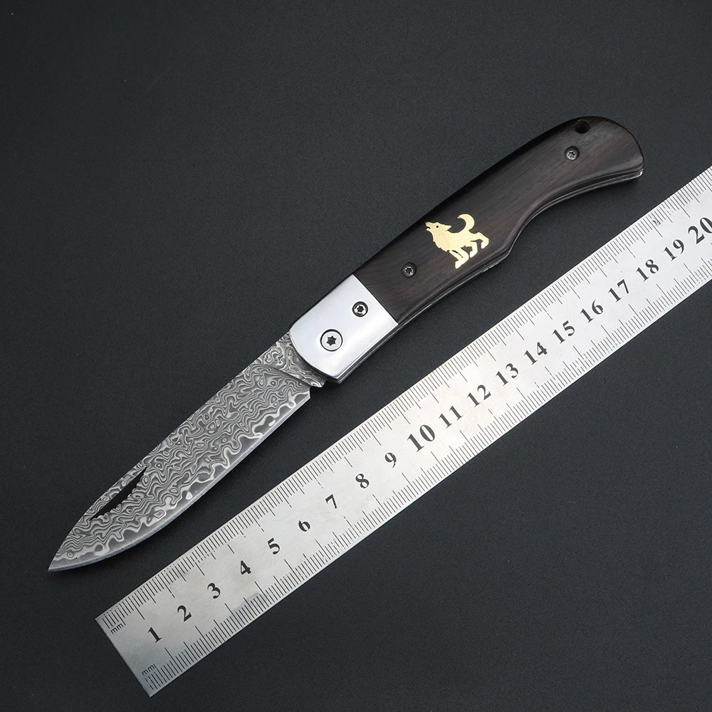 Brass Wolf Damascus Steel Folding Fruit Knife Multi Functional Camping Knife High Hardness Sharp Outdoor Knife
