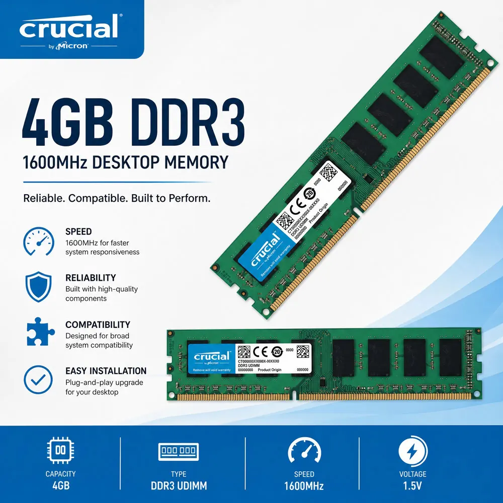 Memória Crucial para Desktop PC RAM DDR2 DDR3 DDR3L 2GB 4GB 8GB 667 800 1333 1600 1866MHz PC3-12800 PC2-6400 Non-ECC Unbuffered DIMM