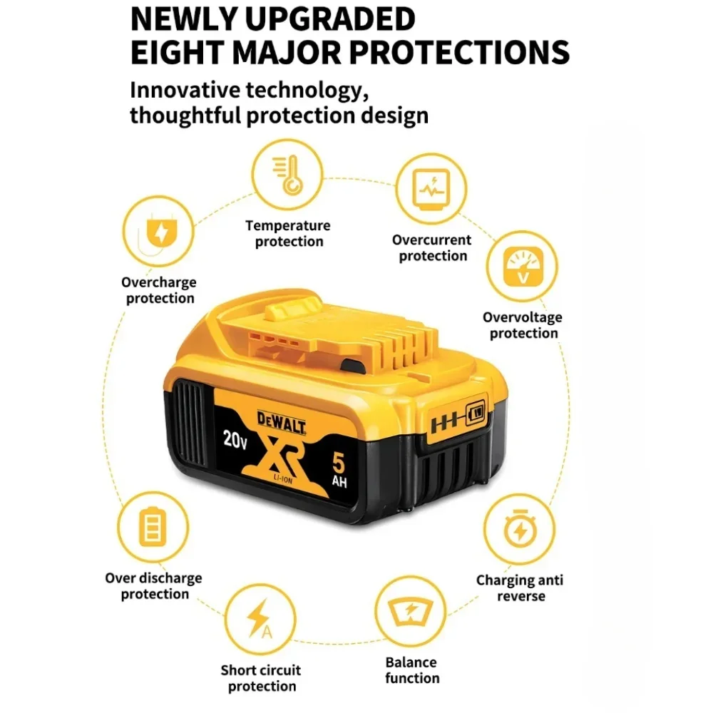 20V DeWalt Battery 5Ah Li-ion Battery for DeWalt DCB205/DCB207/DCB230, 1H Charge, 2000+ Cycles, High Quality