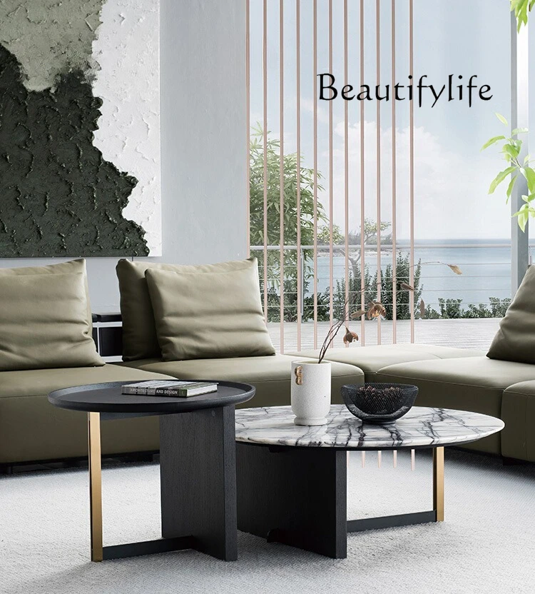 

Italian minimalist round combination coffee table modern light luxury high-end natural marble small corner table