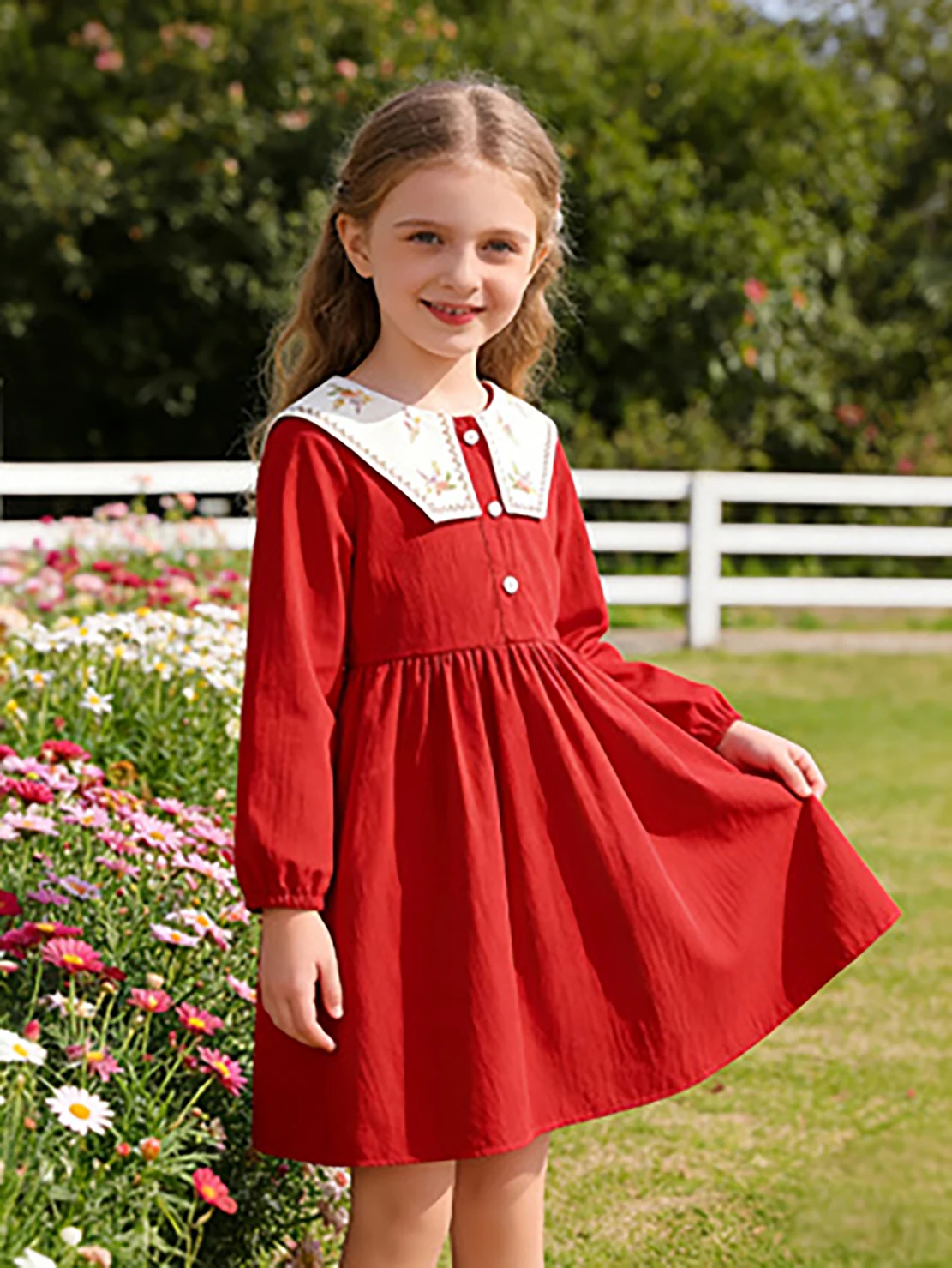 Rotes, besticktes Prinzessinnenkleid mit großem Revers für Mädchen, langärmliges Herbstkleid – Detail 4