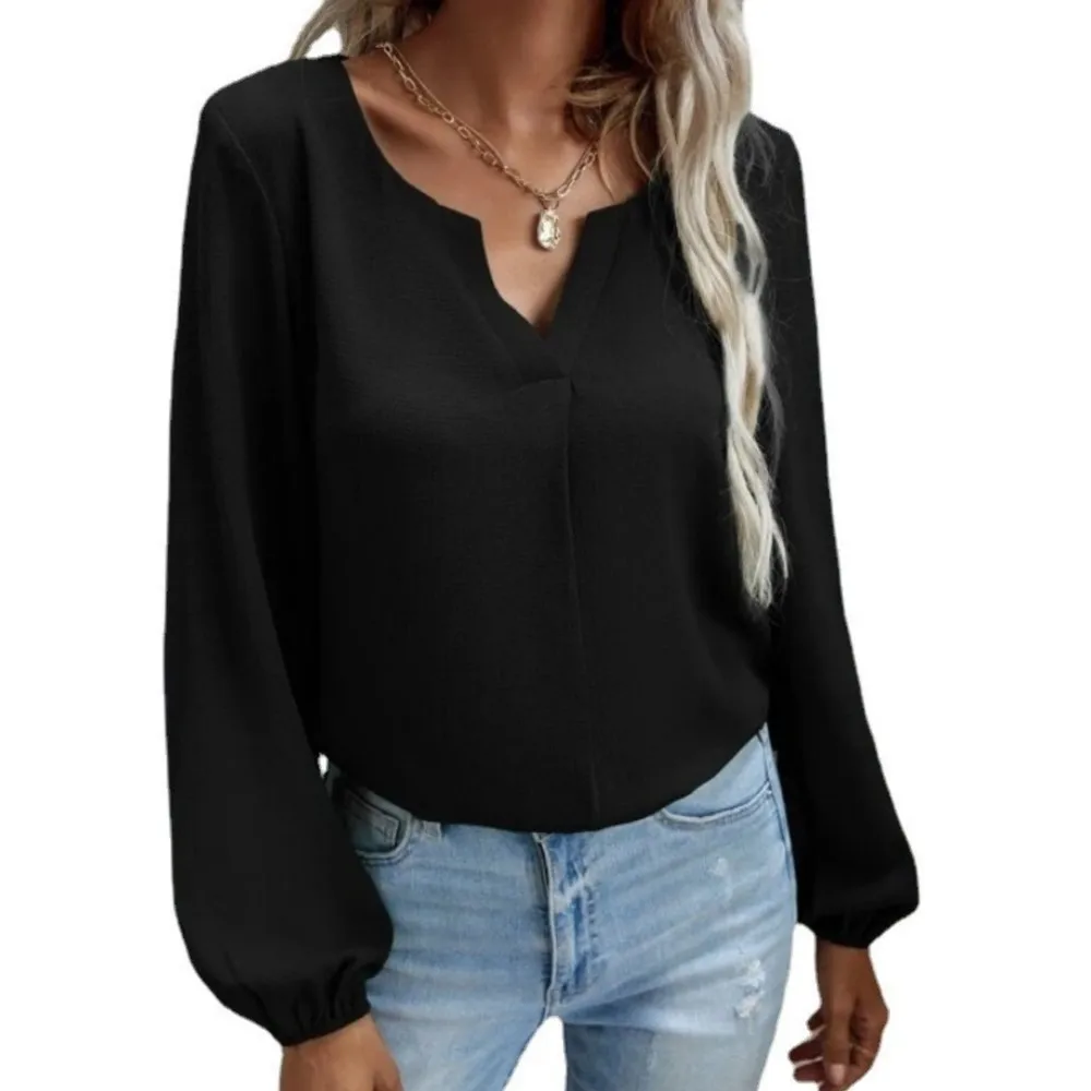 

Модная женская элегантная офисная блузка с v-образным вырезом, топы, новинка 2025, свободный пуловер, шифоновая однотонная базовая рубашка с длинными рукавами, Femme