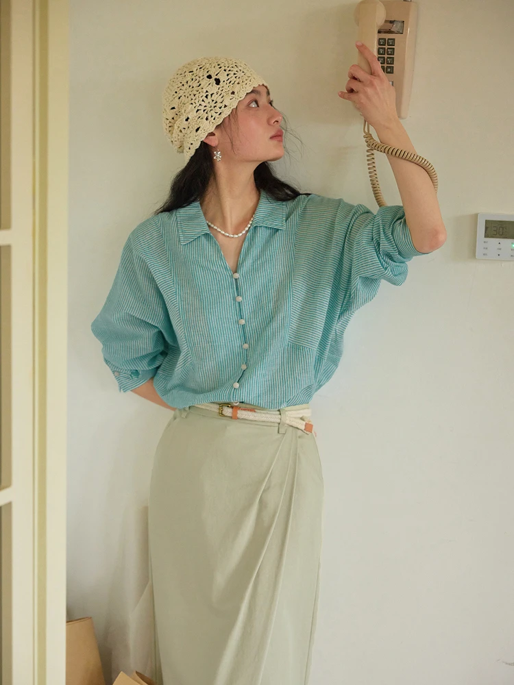 

Женская летняя футболка Solighter 2025: Новинка, тонкая, в полоску, с защитой от солнца, свободного кроя, дышащая, с длинным рукавом, из хлопка