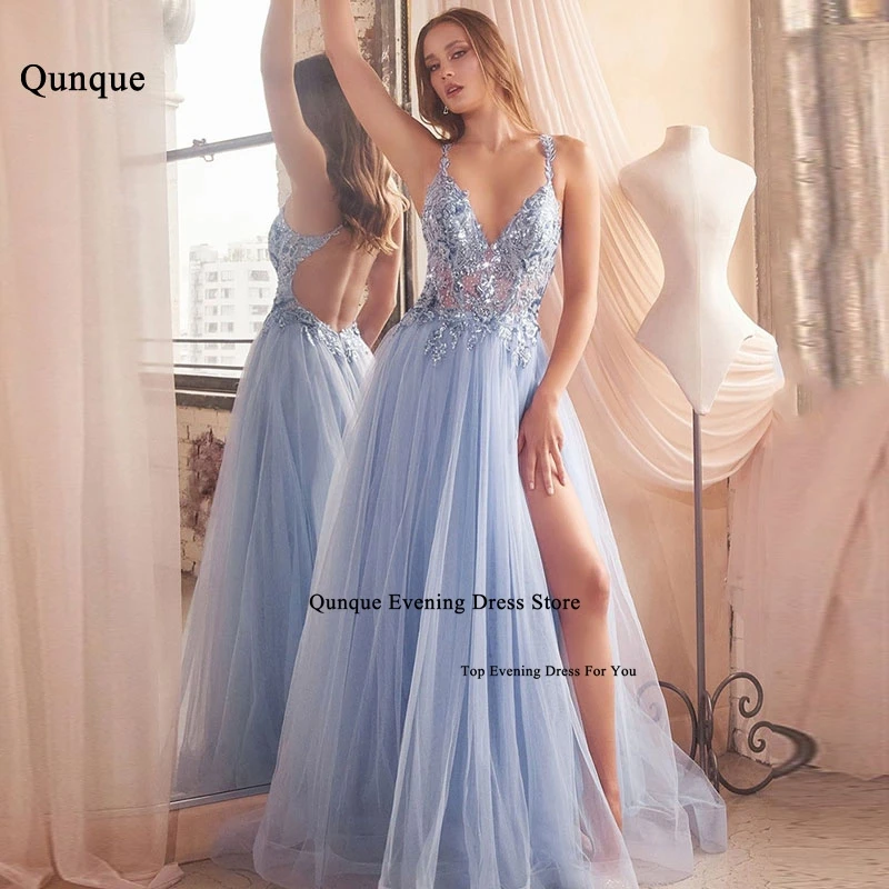 Qunque Customized A-Line Tulle Prom Dress V-Neck Criss Cross Beaded Evening Dress Formal Occasion Ladies Gown Vestidos De Fiesta