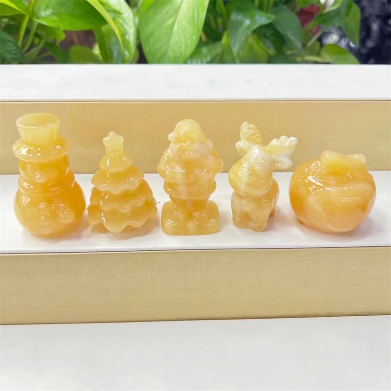 5pcs Natural Christmas Set With Orange Calcite Crystal Carving Gemstone Birthday Present Home Feng Shui Christmas Decoration