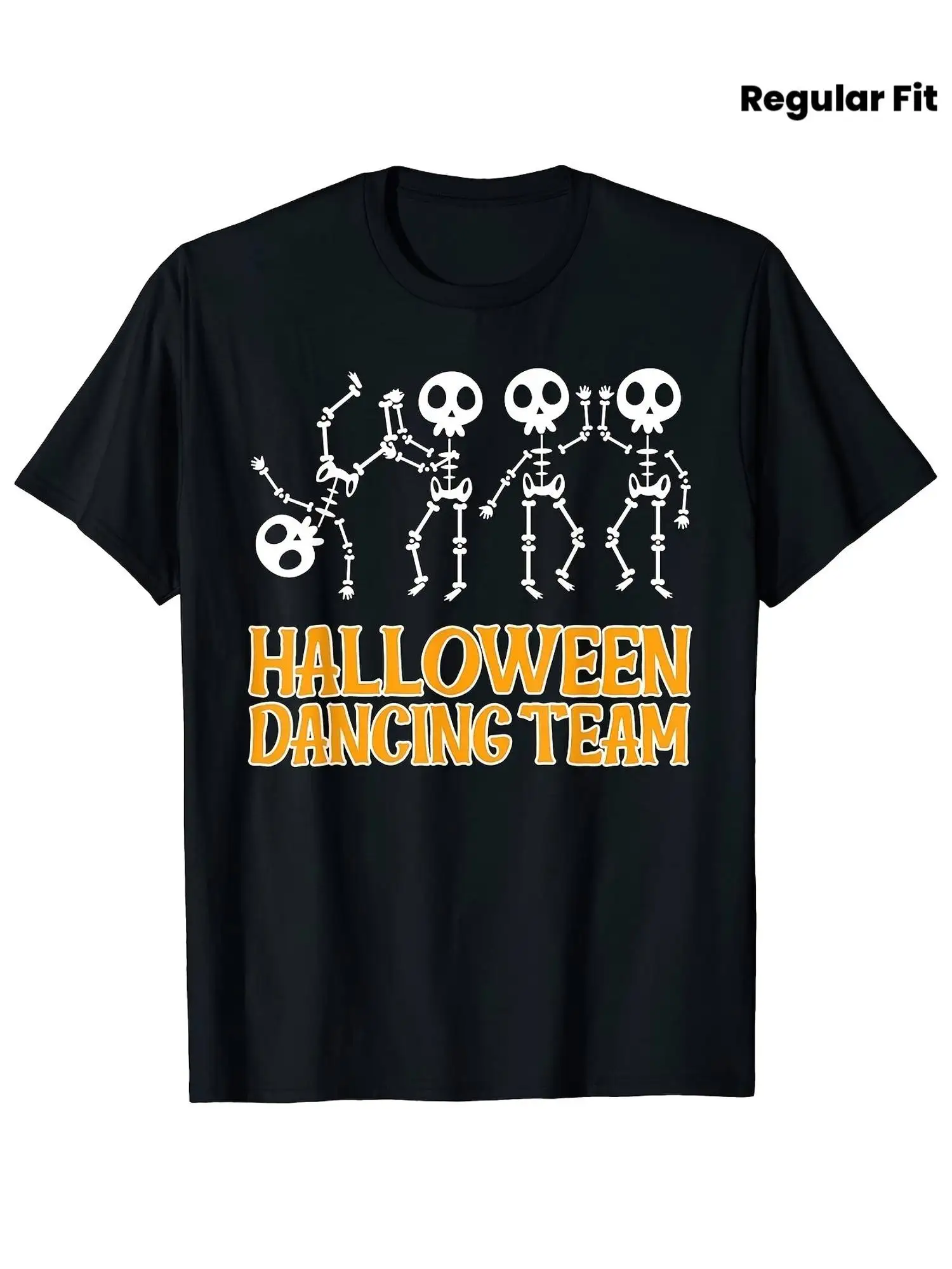 Single-Sided Printed Crew Neck Men's T-Shirt, Dancing Skeleton Halloween Dance Team, Unisex, Summer Short-Sleeved, Retro Style, Regular Fit, Graphic Print