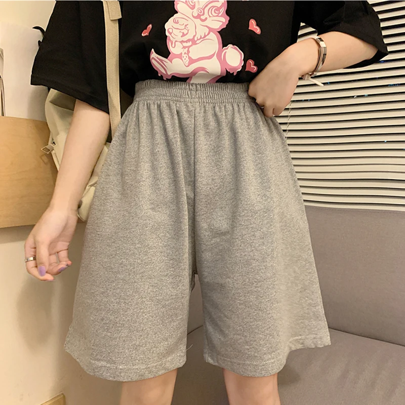 Summer Gray Shorts Women Fashion Ladies Elastic Waists Shorts Female High Waist Streetwear Wide-leg Oversize Simple Unisex Short