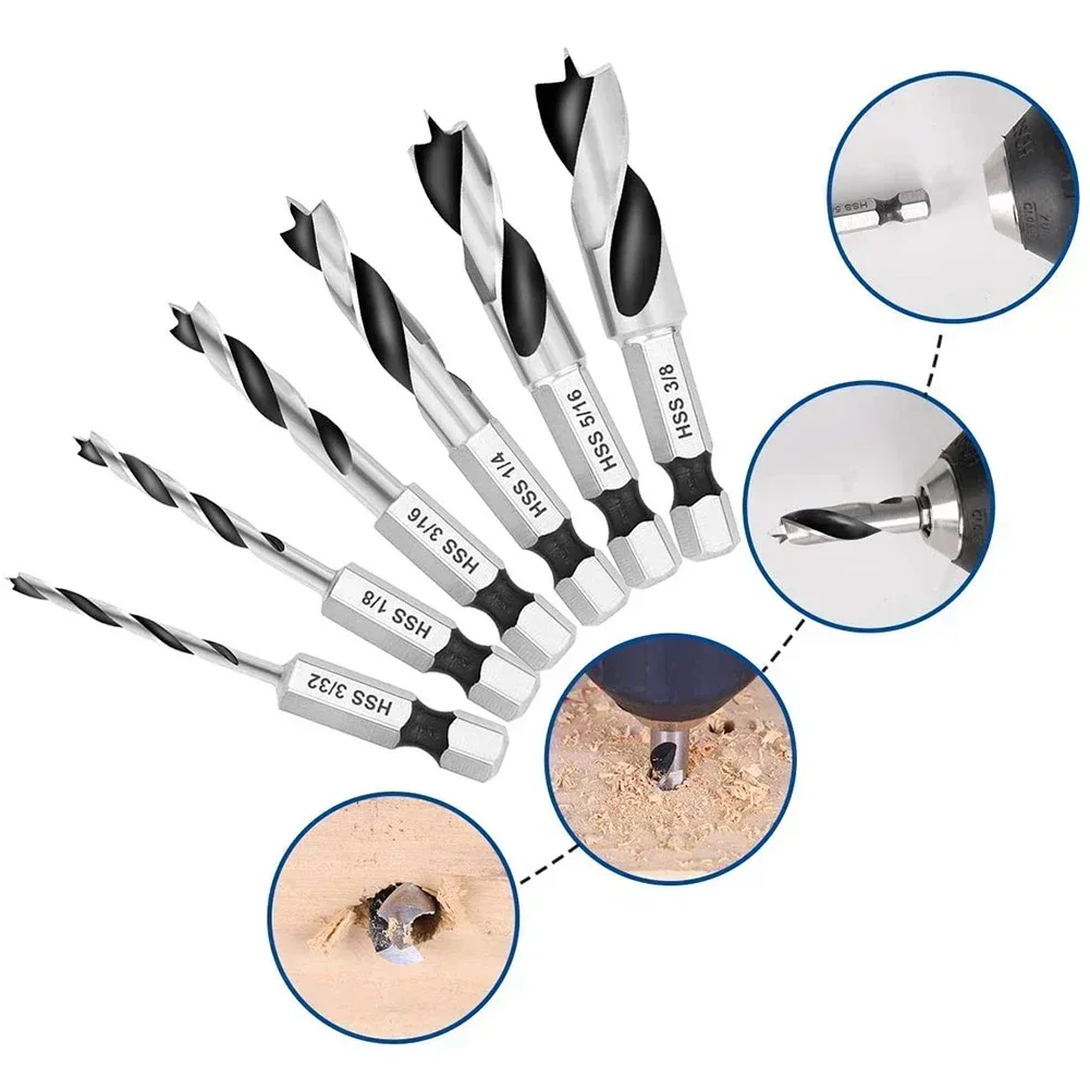 Brocas de vástago hexagonal de 1/4 ", juego de brocas HSS de 3 puntos de cambio rápido para taladro eléctrico, herramienta eléctrica para carpintería