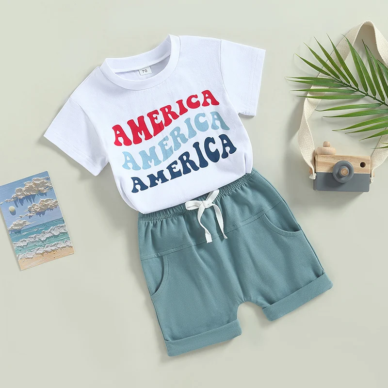 

Toddler Boy Outfit American Flag Print T-Shirt Denim Shorts Set for 4th of July Celebration - Independence Day Wear