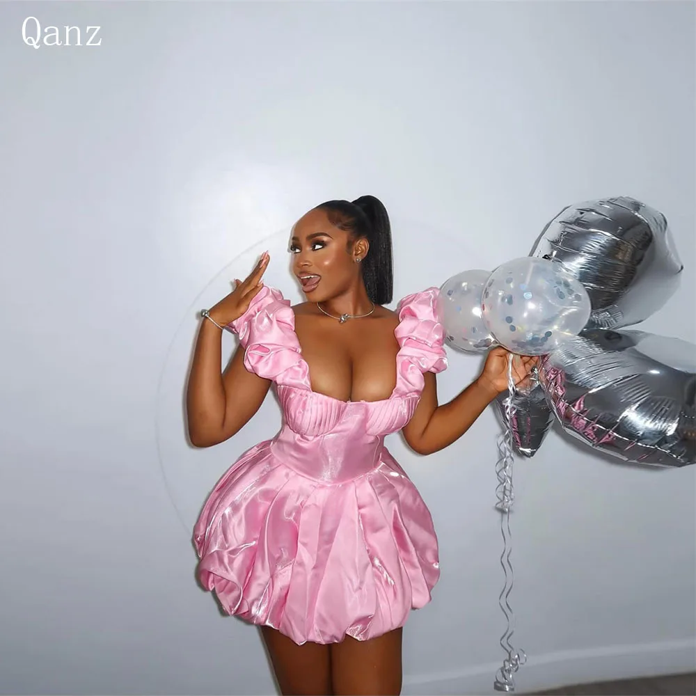 

Qanz Pink Shiny Satin Prom Dresses Sweetheart Short Birthday Party Dress Spaghetti Straps Mini Vestidos De Graduación Customized