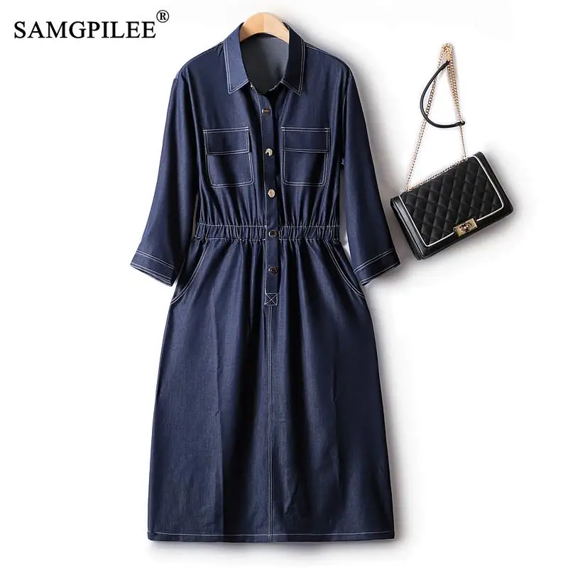 

European Station Elegant Women's Dresses For Party 2022 new Topstitched Multi-pocket Lapel Denim short sleeve Midi Dress 4XL