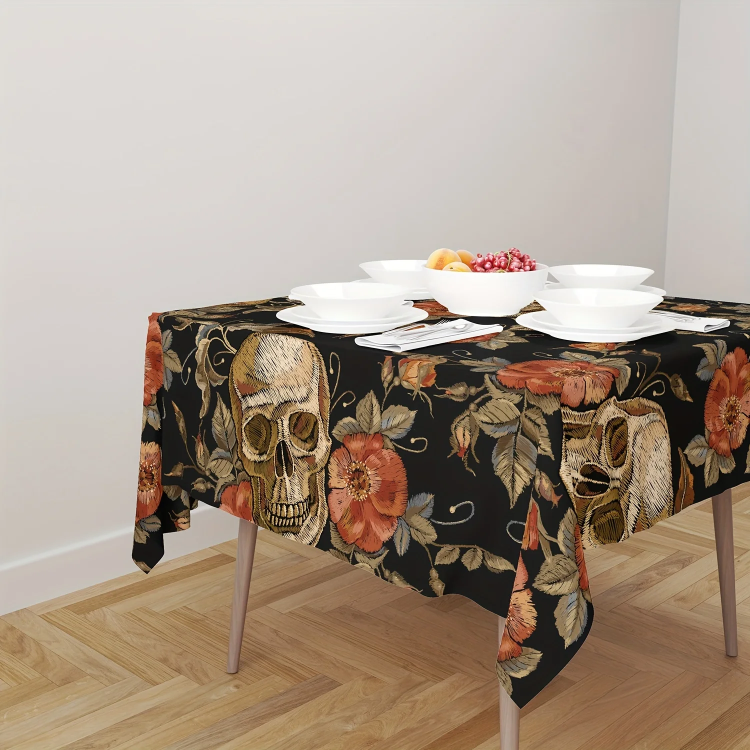 One skeleton tablecloth for home decoration. Features red roses and peony leaves of the skeleton motif.zyc
