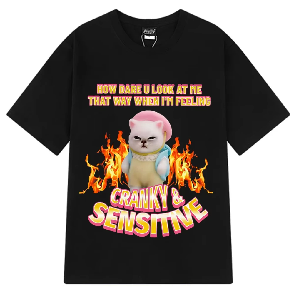 Cranky Kitty Funny Cat Meme T-shirt Men's Women Aesthetic Trend T-shirts Short-sleeved Casual Cotton Oversized Vintage T-shirts
