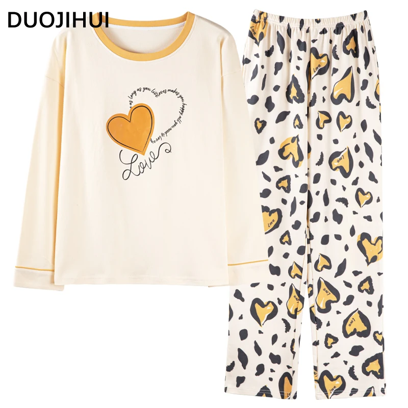 DUOJIHUI-Conjunto de pijama informal para mujer, jersey de cuello redondo, pantalón básico, elegante, estampado, Simple, suelto, Color de encanto, Otoño, nuevo